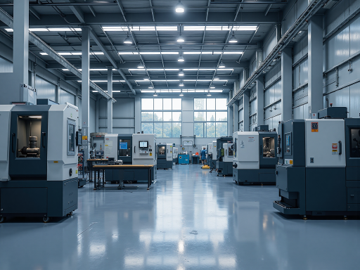 精密加工车间内部，数控机床正在加工精密零件，工人操作设备，现代化生产环境